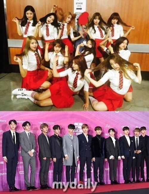 그룹 아이오아이와 워너원 단체 / 아이즈원 공식 소셜미디어 및 마이데일리