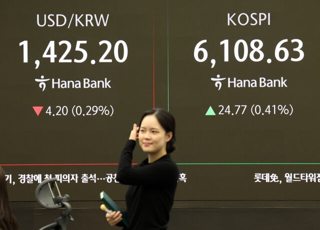 26일 오전 서울 중구 하나은행 딜링룸 전광판에 코스피가 전 거래일보다 24.77 포인트(0.41%) 오른 6108.63 포인트를 나타내며 상승 출발하고 있다. 원달러 환율은 4.20원(0.29%) 내린 1425.20원./뉴시스