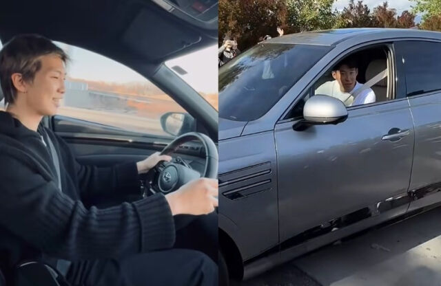 RM(왼쪽)과 손흥민이 현대차 모델을 운전하고 있는 모습. /SNS 캡처