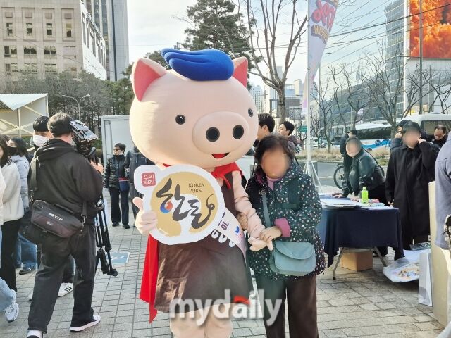 시민이 광화문 한돈 장터에서 한돈 캐릭터와 함께 기념사진을 찍고 있다. /방금숙 기자