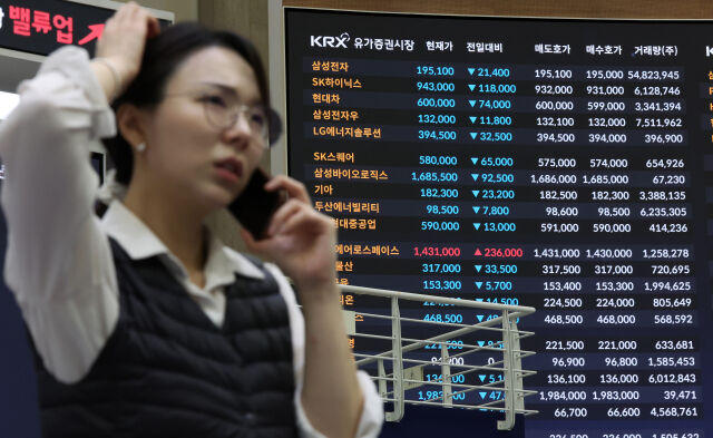 미국·이스라엘의 이란 공습 여파에 코스피와 코스닥이 급락한 3일 오후 서울 여의도 한국거래소 홍보관에 삼성전자, SK하이닉스 등의 종가가 표시되고 있다. 이날 코스피는 전 거래일(6244.13)보다 452.22포인트(7.24%) 하락한 5791.91, 코스닥 지수는 전 거래일(1192.78)보다 55.08포인트(4.62%) 내린 1137.70에 마쳤다. 서울 외환시장에서 원·달러 환율은 전 거래일(1439.7원)보다 26.4원 오른 1466.1원에 주간 거래를 마감했다./뉴시스