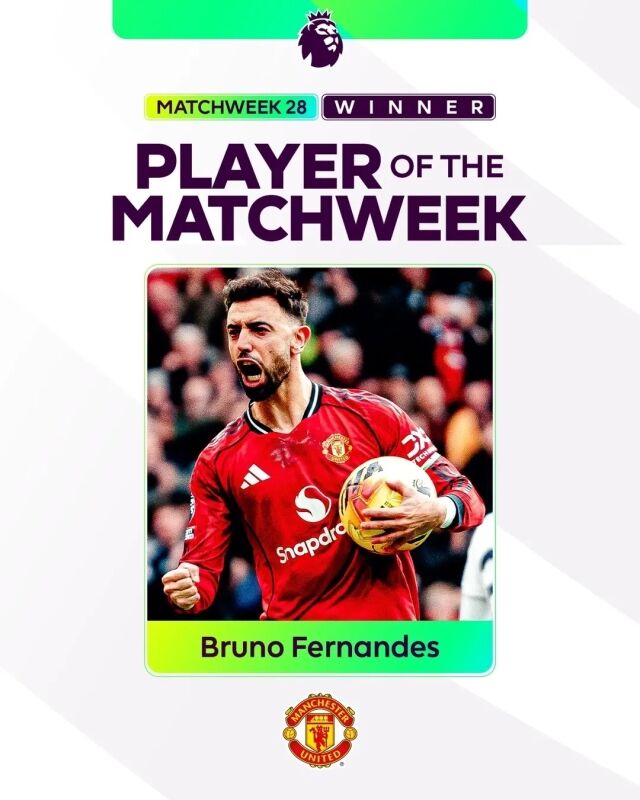 브루노 페르난데스가 28라운드 이주의 선수로 선정됐다./잉글랜드 프리미어리그(EPL) 사무국