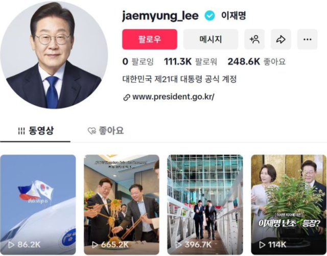 4일 오전 9시 기준, 이 대통령의 공식 계정(@jaemyung_lee)은 팔로워 11만 1,300명과 누적 좋아요 24만 8,600개를 기록 중이다. /이재명 대통령 틱톡 계정 캡처