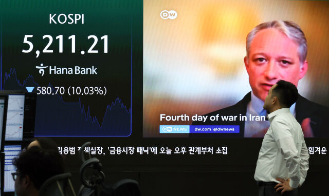 이란 사태 여파로 코스피가 장중 10% 넘는 하락률을 기록한 4일 서울 중구 하나은행 딜링룸에 코스피 시세가 보이고 있다./뉴시스