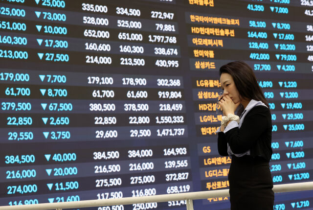 미국과 이스라엘의 이란 공습 여파로 국내 증시가 급락한 4일 오후 서울 여의도 한국거래소 홍보관 전광판에 주요 종목 종가가 표시되고 있다. 이날 코스피는 전 거래일(5791.91)보다 698.37포인트(12.06%) 하락한 5093.54에 마감했다. 코스닥 지수는 전 거래일(1137.70)보다 159.26포인트(14.00%) 내린 978.44에 마쳤다. 원·달러 환율은 전 거래일(1466.1원)보다 10.1원 오른 1476.2원에 주간 거래를 마감했다./뉴시스