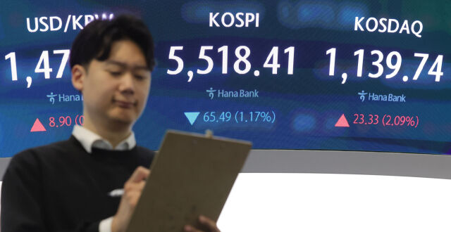 코스피가 전 거래일(5583.90)보다 92.88포인트(1.66%) 하락한 5491.02에 개장한 6일 오전 서울 중구 하나은행 딜링룸 전광판에 지수가 표시되고 있다. 코스닥 지수는 전 거래일(1116.41)보다 1.08포인트(0.10%) 오른 1117.49에 거래를 시작했다. 서울 외환시장에서 원·달러 환율은 전 거래일 주간거래 종가(1468.1)보다 10.9원 오른 1479.0원에 출발했다. /뉴시스