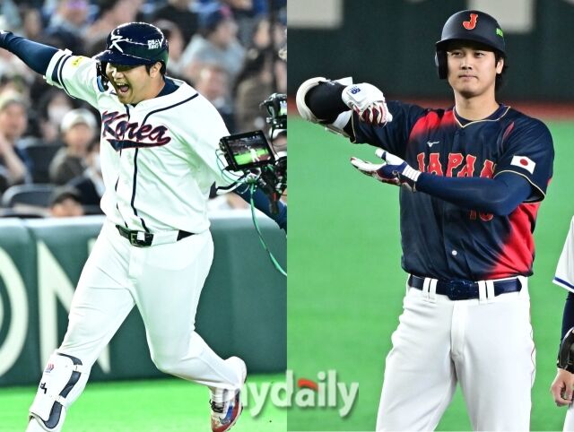 문보경이 '전세기' 세리머니를 펼치고 있다. 오타니 쇼헤이는 '다도' 세리머니를 선보였다./도쿄(일본)=한혁승 기자