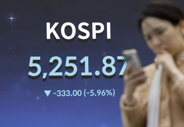  이날 코스피 지수는 전거래일 대비 333.00포인트(5.96%) 내린 5251.87에 거래를 마쳤다. /뉴시스