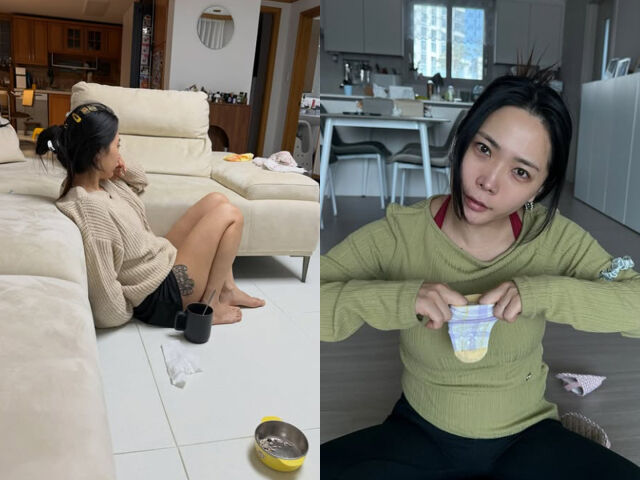 허니제이가 육아에 지쳐 잠시 쉬는 장면이 포착됐다. / 허니 제이 소셜미디어