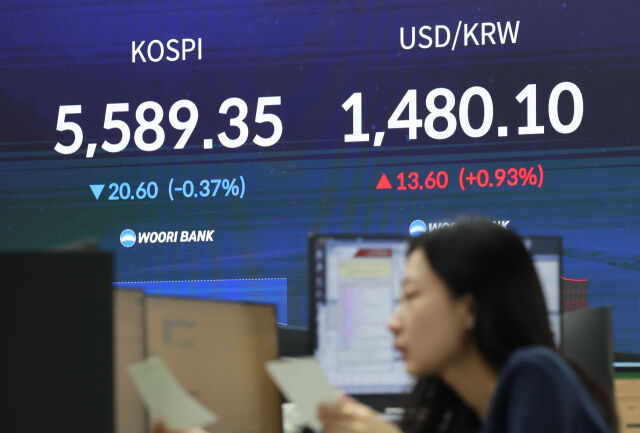 12일 오전 서울 중구 우리은행 딜링룸에서 딜러들이 업무를 보고 있다. 코스피가 전 거래일 대비 42.30포인트(0.75%) 하락한 5567.65에 출발했다. 원달러 환율은 13.6원 오른 1480.1원으로, 코스닥지수는 4.83포인트(0.42%) 내린 1132.00에 거래를 시작했다./뉴시스