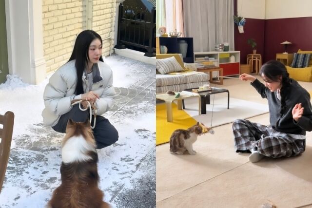 전 피겨스케이팅 선수 김연아가 동물들과 함꼐한 촬영 현장을 공개했다. / 김연아 소셜미디어