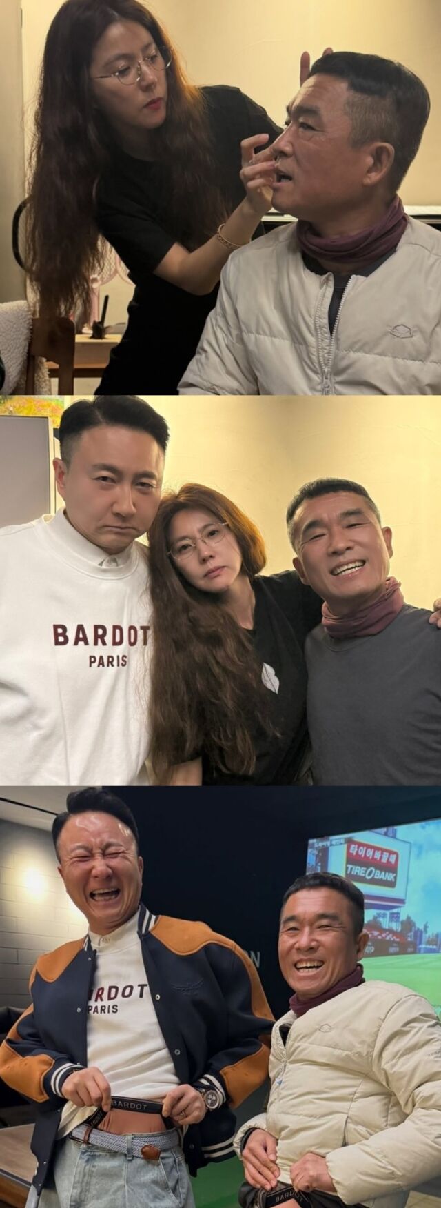 이윤미는 장난기 가득한 사진 외에도 김건모와 주영훈이 바지 위로 팬티를 끌어올린 코믹한 사진을 추가로 올리며 “내가 선물한 팬티. 둘다 입고 있다니 그것도 같은 컬러로”라며 폭소를 자아냈다. /이윤미 소셜미디어