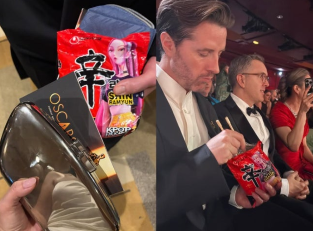 장편 애니메이션상을 수상하며 무대 위 영광을 만끽하고 자리로 돌아온 크리스 아펠한스 감독이 이 봉지라면을 먹는 장면이 포팍됐다./마렌 구 소셜미디어