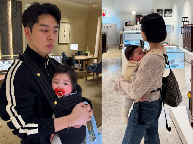 레이디제인과 임현태는 아기띠를 하고 쌍둥이와 함께 쇼핑에 나섰다. / 레이디제인 소셜미디어