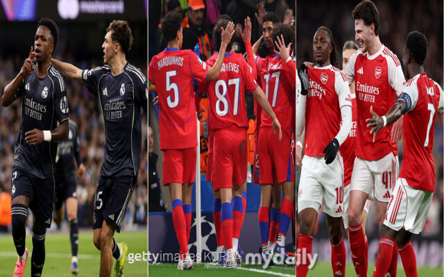 16강 2차전에서 골을 기록한 후 세리머니하는 선수들. 왼쪽부터 레알 마드리드, PSG, 아스널 선수들. /게티이미지코리아