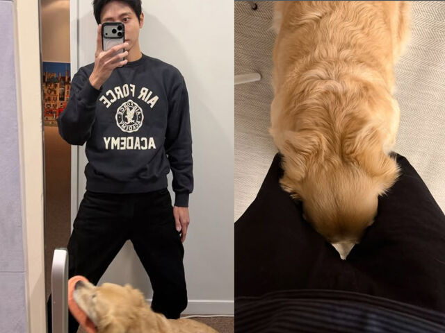 주우재의 다리 사이에 강아지가 얼굴을 파묻었다. / 주우재 소셜미디어