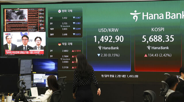 코스피는 전 거래일(5553.92)보다 126.41포인트(2.28%) 상승 출발한 25일 서울 중구 하나은행 본점 딜링룸 모니터에 이란 사태 관련 뉴스와 김민석 국무총리 비상경제상황실 가동 관련 브리핑이 실시간을 나오고 있다./뉴시스