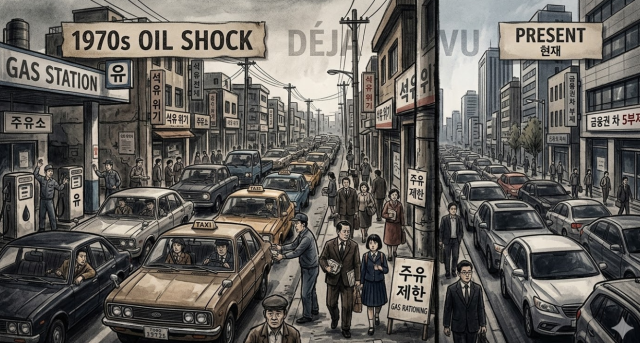 1970년대 오일쇼크 당시의 주유 대란(왼쪽)과 2026년 현재 에너지 위기로 긴장감이 감도는 서울 거리(오른쪽)를 대비시켜, 과거의 악몽이 되살아나는 듯한 '데자뷔' 상황을 상징적으로 표현한 삽화. /나노바나나 생성 이미지