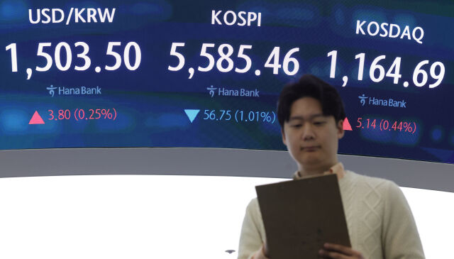 코스피가 전 거래일(5642.21)보다 48.15포인트(0.85%) 하락한 5594.06에 개장한 26일 오전 서울 중구 하나은행 딜링룸 전광판에 지수가 표시되고 있다. 코스닥 지수는 전 거래일(1159.55)보다 0.06포인트(0.01%) 오른 1159.61에 거래를 시작했다. 서울 외환시장에서 원·달러 환율은 전 거래일 주간거래 종가(1499.7원)보다 3.5원 오른 1503.2원에 출발했다./뉴시스