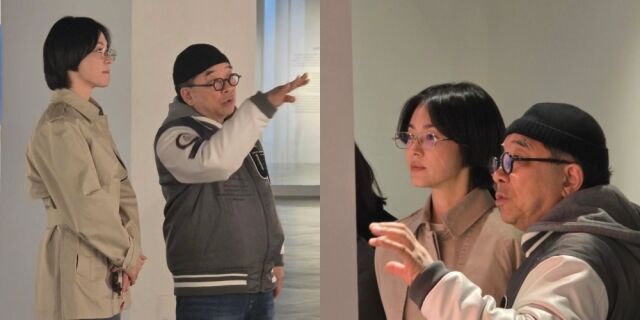 배우 송혜교(왼쪽)가 가수 겸 기타리스 김수철의 전시회를 방문했다. / 김수철 소셜미디어