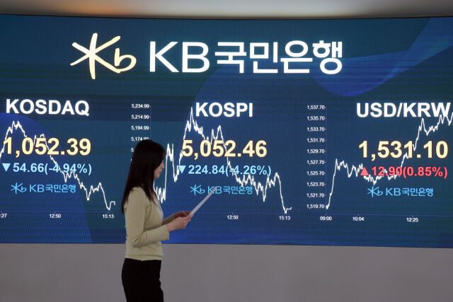 코스피가 전 거래일(5277.30)보다 224.84포인트(4.26%) 하락한 5052.46에 마감한 31일 서울 여의도 kb국민은행 딜링룸에서 관계자가 업무를 보고 있다. 코스닥 지수는 전 거래일(1107.05)보다 54.66포인트(4.94%) 내린 1052.39에 마쳤다. 서울 외환시장에서 원·달러 환율은 전 거래일(1515.7원)보다 14.1원 오른 1530.1원에 주간 거래를 마감했다./뉴시스