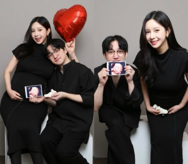 야옹이 작가(왼쪽)와 전선욱 부부의 만삭 때 모습. / 야옹이 작가 소셜미디어