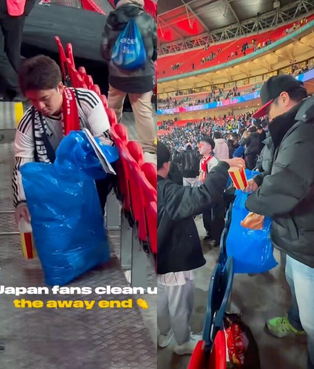 경기 후 청소를 하는 일본 팬들/웸블리 스타디움 공식 SNS
