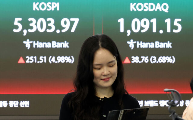 1일 오전 서울 중구 하나은행 딜링룸에서 딜러들이 업무를 하고 있다. 코스피는 전 거래일(5052.46)보다 277.58포인트(5.49%) 상승한 5330.04에 개장했고 코스닥 지수는 전 거래일(1052.39)보다 37.97포인트(3.61%) 오른 1090.36에 거래를 시작했다./뉴시스