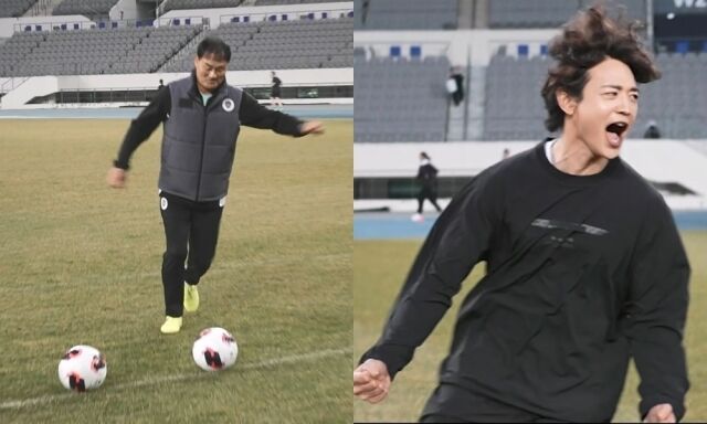 최윤겸 감독(왼쪽)과 그룹 샤이니 민호가 슈팅 대결을 벌인다. / MBC '나혼산'