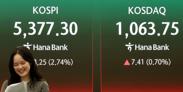 3일 오후 서울 중구 하나은행 딜링룸에서 딜러들이 업무를 하고 있다. 코스피는 전 거래일(5234.05)보다 143.25포인트(2.74%) 오른 5377.30에 마감했고 코스닥 지수는 전 거래일(1056.34)보다 7.41포인트(0.70%) 상승한 1063.75에 거래를 마쳤다./뉴시스