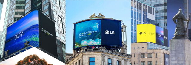 (왼쪽부터)뉴욕 타임스 스퀘어, 런던 피카딜리 서커스, 서울 광화문광장에서 2026년 LG 구겐하임 어워드 수상자 트레버 페글렌의 수상을 축하하는 영상이 상영되고 있다. /LG