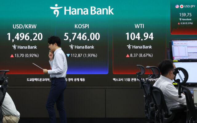 미국과 이란의 휴전 불확실성이 커진 13일 오전 서울 중구 하나은행 딜링룸 전광판에 미국 서부텍사스산 원유(WTI) 거래가와 코스피, 원·달러 환율이 송출되고 있다./뉴시스