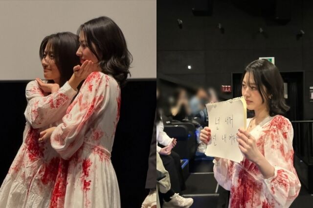 배우 김혜윤과 장다아가 '살목지' 무대인사에서 귀신 분장을 선보였다. / 쇼박스 소셜미디어