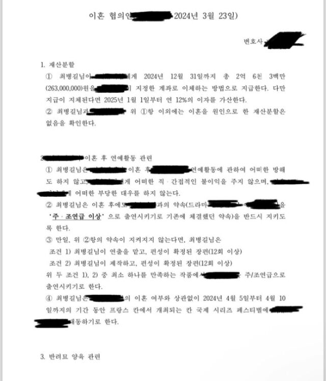 최병길 PD가 업로드한 이혼 협의안 / 최병길 PD 인스타그램