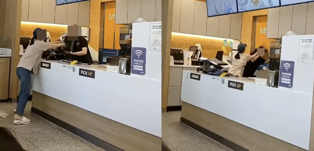 20일 각종 커뮤니티와 유튜브를 통해 확산된 이른바 '맘스터치 진상녀' 영상에는 한 마스크 착용한 여성 고객이 카운터 위 쟁반을 엎어버리고 포스기(계산기)를 밀어 넘어뜨리는 난동 장면이 생생히 담겼다. /유튜브 캡처