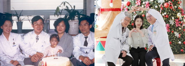 국내 첫 생체 간이식 수술을 받은 생후 9개월 환자의 당시 모습(왼쪽)과 30년 뒤인 2024년 어엿한 사회인으로 성장한 이지원 씨가 당시 집도의인 이승규 간이식·간담도외과 교수, 김경모 소아소화기영양과 교수와 재회한 모습. /서울아산병원