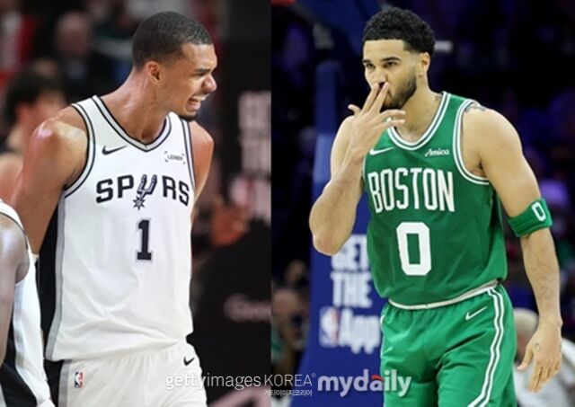 테이텀(오른쪽)과 웸반야마가 27일 치른 플레이오프 1라운드 4차전에서 득점을 올린 후 포효하고 있다. /게티이미지코리아