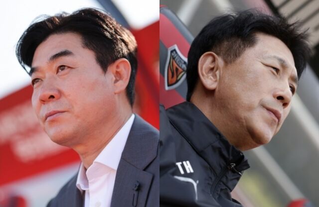 인천 유나이티드와 포항 스틸러스는 12일 오후 7시 30분 인천축구전용경기장에서 하나은행 K리그1 2026 14라운드 맞대결을 펼친다. 윤정환 인천 감독(왼쪽)과 박태하 포항 감독. /한국프로축구연맹 제공