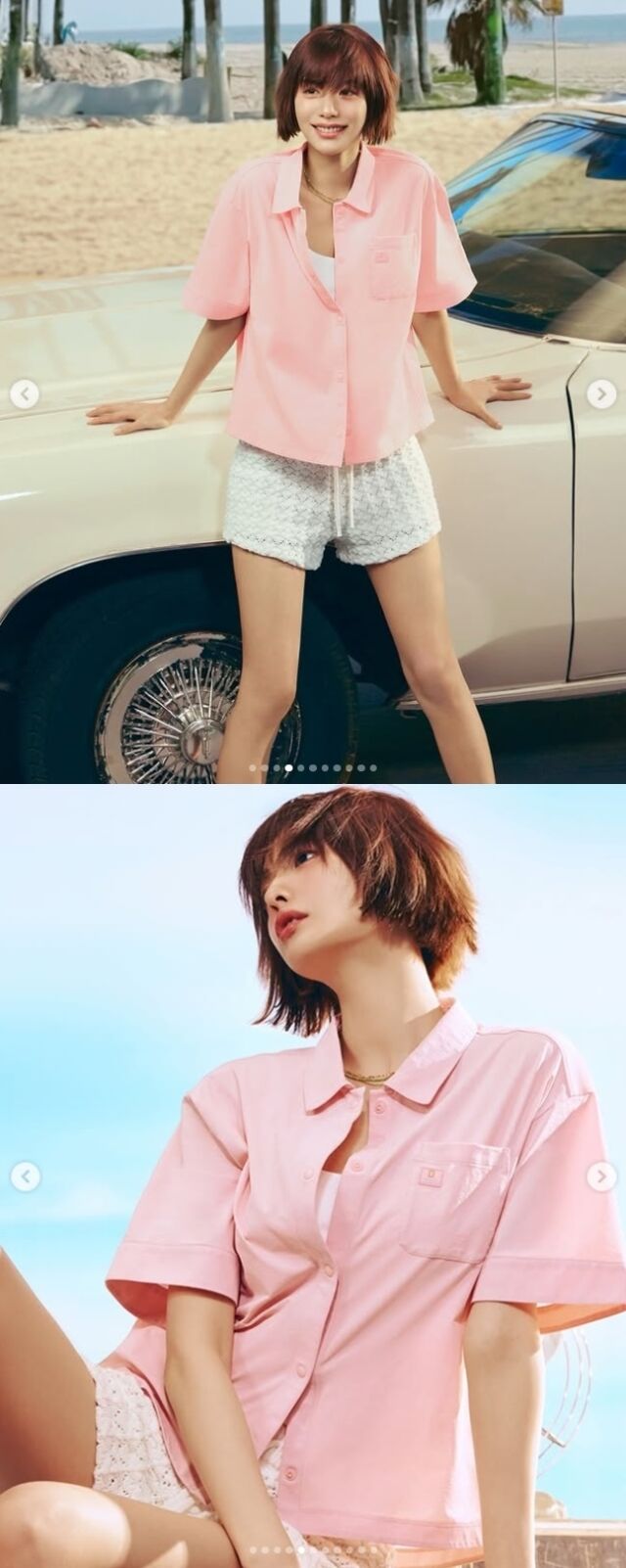나나는 루즈한 핏의 화이트 티셔츠와 화사한 핑크색 반소매 셔츠를 번갈아 매치하며 청량하면서도 상큼한 서머 룩의 정석을 보여줬다. /나나 소셜미디어