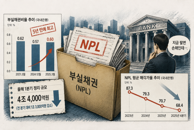 국내 은행권 부실채권(NPL) 비율이 5년 만에 최고 수준으로 상승한 가운데 금융권에서는 최근 NPL 시장 환경 변화가 부실채권 정리 둔화에 영향을 미쳤을 가능성에 주목하고 있다. /챗GPT 이미지 생성