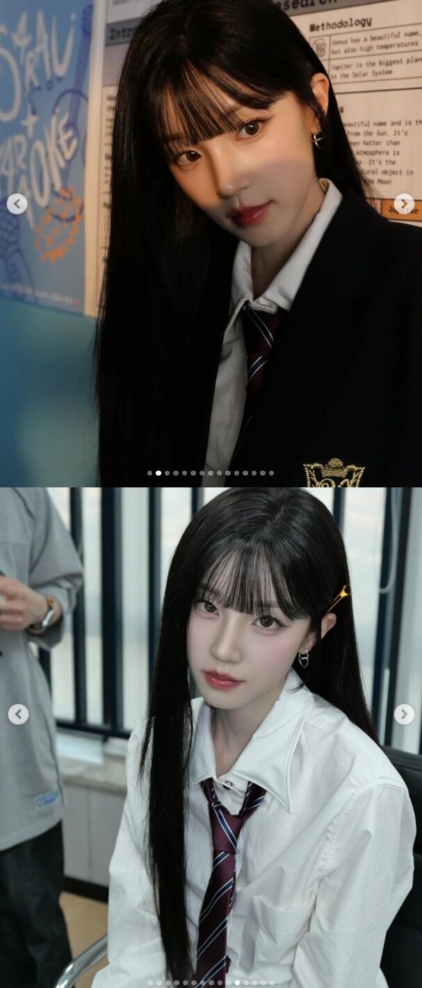 그룹 (여자)아이들의 멤버 우기가 하이틴 감성이 물씬 풍기는 교복룩을 선보이며 레전드 미모를 경신했다. /우기 소셜미디어