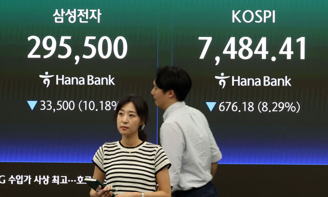 코스피가 전 거래일(8160.59)보다 676.18포인트(8.29%) 내린 7484.41에 마감한 8일 오후 서울 중구 하나은행 딜링룸 전광판에 종가가 표시되어 있다. /뉴시스