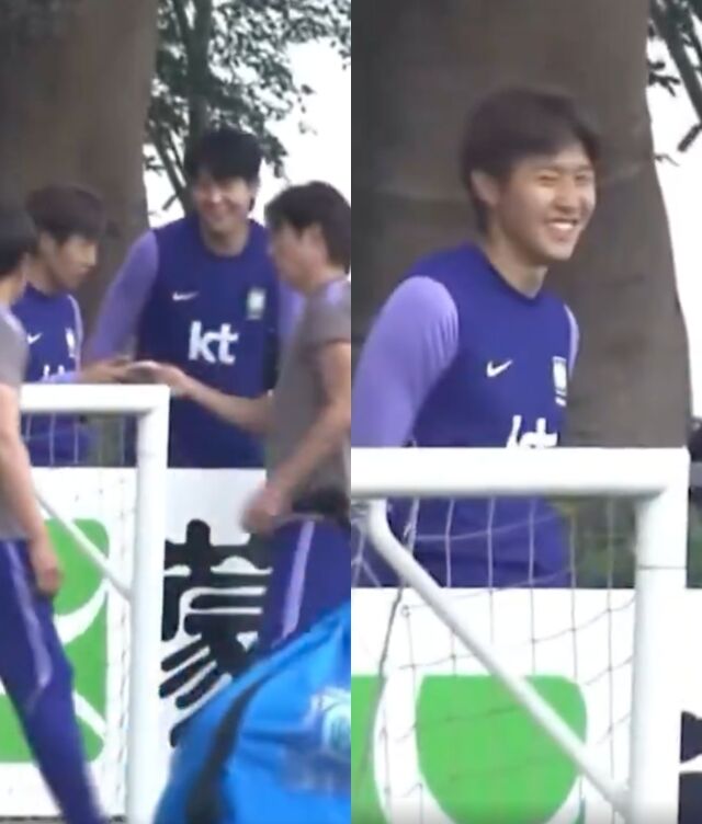 이강인(파리 생제르망)이 13일(이하 한국시각) 멕시코 과달라하라 인근 사포판의 치바스 베르데 바예에서 회복 훈련 중 홍명보 감독에게 핸드폰을 뻇긴 장면이 조명을 받고 있다./브라질 'CANAL GOAT' 캡쳐