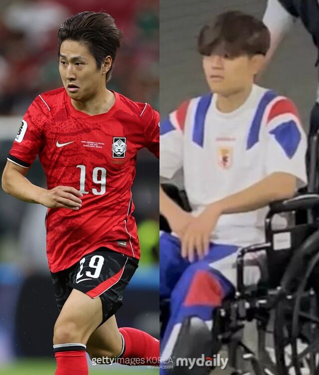 2026 북중미 워드컵 1차전에서 절친의 희비가 엇갈렸다. 이강인(한국)은 체코를 상대로 맹활약을 펼친 반면 쿠보 다케후사(일본)는 네덜란드와의 경기에서 부상을 당해 휠체어를 타고 경기장을 빠져나갔다./게티이미지코리아·카데나 세르
