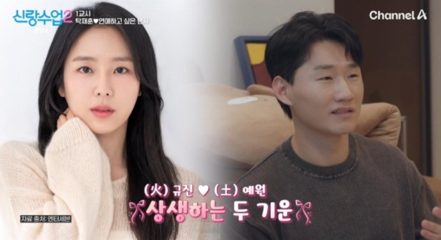 박성준 역술가가 분석한 신규진과 김예원의 실제 궁합은 의외로 긍정적이었다. 박성준은 “이인삼각처럼 손발이 묶인 질긴 인연이자 꽤 괜찮은 궁합”이라고 설명했다./채널A ‘요즘 남자 라이프-신랑수업’