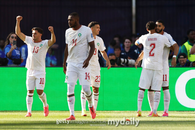 20일 보스턴 스타디움에서 열린 스코틀랜드와 모로코의 '2026 국제축구연맹(FIFA) 북중미월드컵' C조 조별리그 2차전. 이스마엘 사이바리의 선제골 이후 기뻐하고 있는 모로코 축구대표팀./게티이미지코리아