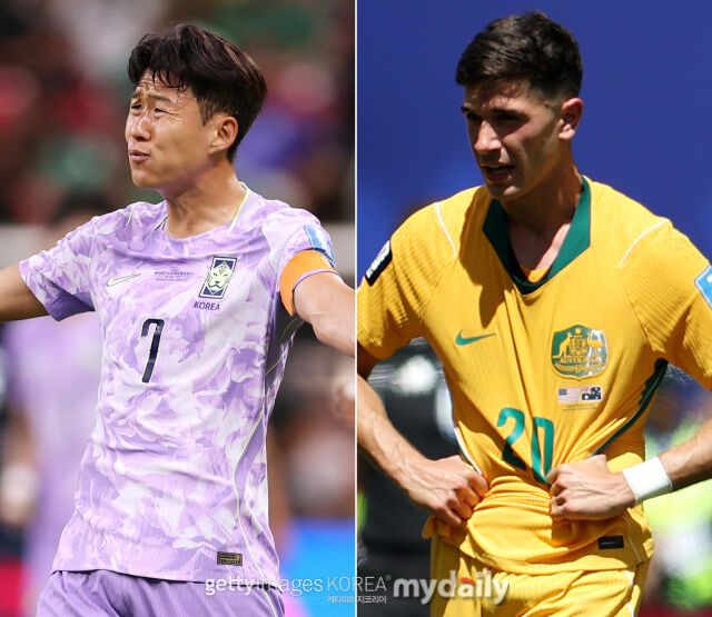 한국의 손흥민(왼쪽)과 호주의 크리스토퍼 볼파토가 아쉬운 표정을 짓고 있다. /게티이미지코리아