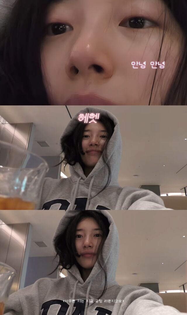수지는 공항 라운지에서부터 민낯으로 등장하며 “오랜만에 브이로그를 가져왔다. 게으른 유튜버가 돌아왔다”고 유쾌한 인사를 건넸다./유튜브 채널 'suzy'