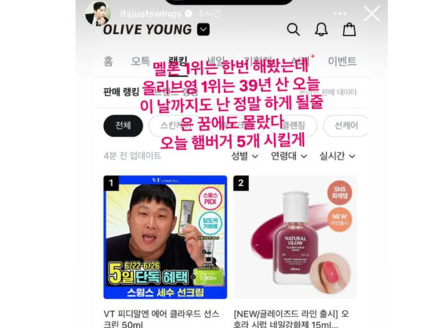 스윙스가 올리브영 랭킹 1위를 자랑했다. / 스윙스 소셜미디어 
