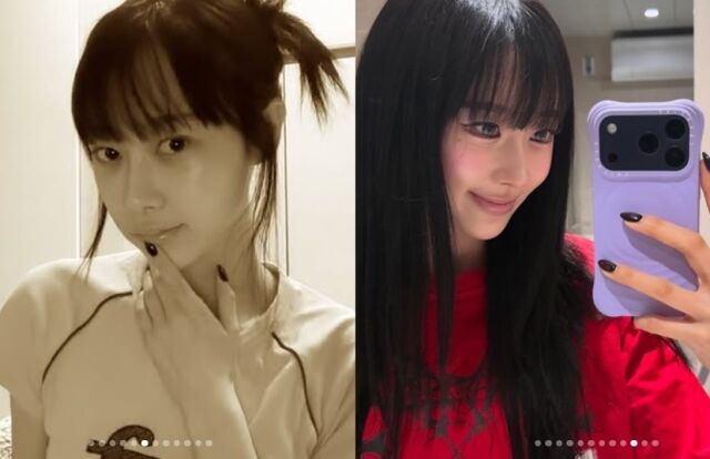 지젤은 25일 새벽 자신의 SNS 계정에 "앞머리 잘랐오"라는 귀여운 글과 더불어 새로운 헤어스타일을 인증하는 사진들을 게재했다./지젤 소셜미디어